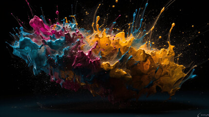 Wall Mural - Colorful Explosions: A Photorealistic World of Liquid and Paint Splatters, Glitter and Confetti Explosions, with Rainbow Colors, Dust, Smoke, Debris, and Fog, Enhanced by AI-Generative Technology