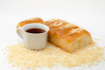 Wall Mural - Bread cheese with nuts and tea on a white background