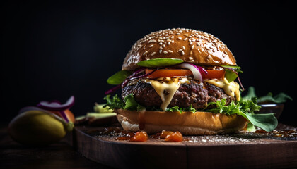 Sticker - Grilled cheeseburger on rustic bun with fries generated by AI