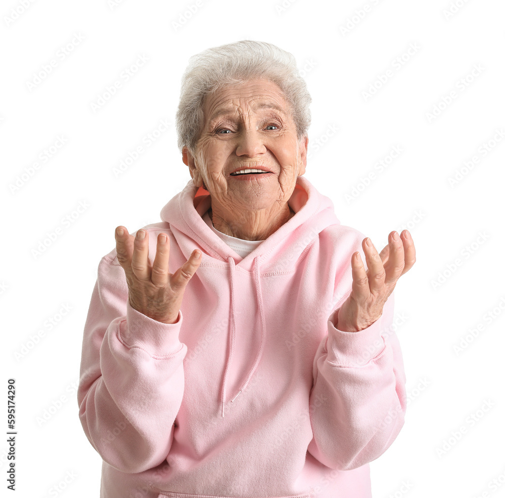 Happy senior woman on white background