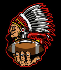 indian chief mascot holding football for school, college or league sports