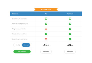 Wall Mural - business subscription plan comparison pricing table ui design