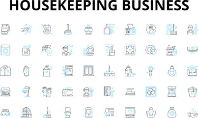  Housekeeping business linear icons set. Cleanliness, Sanitation, Tidiness, Scrubbing, Dusting, Vacuuming, Organization vector symbols and line concept signs. Disinfection,Polishing,Mopping