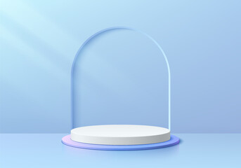 3D blue background with realistic white and blue cylinder pedestal podium. Futuristic arch gate wall scene. Minimal mockup empty product display. Abstract vector 3D rendering. Round stage for showcase