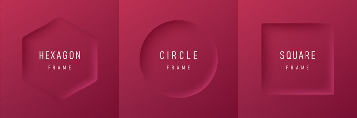 Set of realistic geometric frames hexagon, circle and square  on dark pink red 3d background. Minimal neumorphism frames background with copy space. Top view for product display. Light and Shadow.