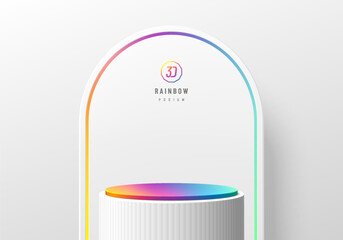 3d background with realistic white, rainbow colorful cylinder stand podium and arch wall scene. lgbt