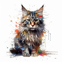  Colorful illustration of a Maine Coon kitten, dripping art