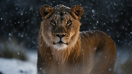 Wall Mural - A lion in bad snowy weather