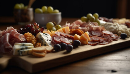 Wall Mural - Variety of gourmet cheeses and meats on tray generated by AI