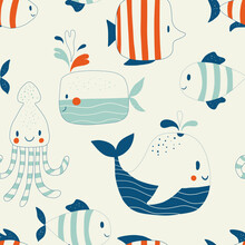 Childish Seamless Pattern With Sea And Ocean Animals. Cute Marine Underwater Fauna With Whales, Jellyfish And Other Underwater Waterfowl. Endless Design. Color Flat Vector Illustration