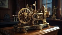 Antique Fantasy Clockwork Brass Sewing Machine, Generative AI