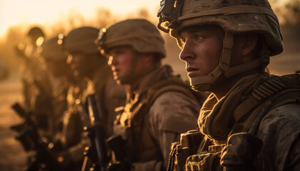 Wall Mural - Men in uniform with rifles on battlefield generated by AI