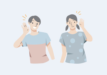 People smiles and holds hand near his ear. The guy listening or hearing and accept all opinion.Comunication concept.Vector illustration.