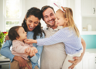 mother, father and children portrait in a happy family home while together for love, support and car