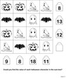 Sum box mathematics with halloween symbols flat vector illustration in black white. Find a value of each character.