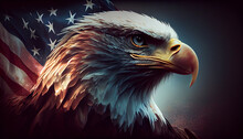 Bald Eagle Close-up And Vintage America Flag Flying In Back. Concept National Holidays , Flag Day, Veterans Day, Memorial Day, Independence Day, Patriot Day  Ai Generated Image