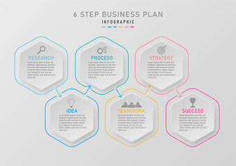 modern infographic timeline business plan success clean hexagonal shape multi color line outline with arrows icons and characters gray gradient background