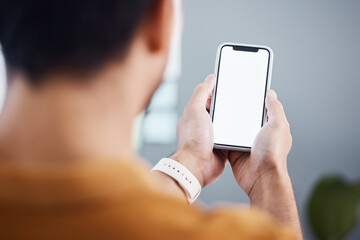 Poster - Man, hands and phone with screen mockup for advertising, marketing or social media at the office. Hand of male employee holding mobile smartphone display for communication or app with copy space