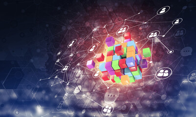 Wall Mural - concept of internet and networking with digital cube figure on dark background