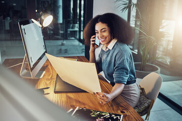 Wall Mural - Business woman, phone call and document in conversation, design or idea at the office. Female designer working late, talking on smartphone at night for communication, networking or project discussion