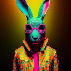 Realistic lifelike bunny rabbit hare in fluorescent electric highlighters ultra-bright neon outfits, commercial, editorial advertisement, surreal surrealism. 80s Era comeback.