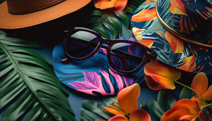 Canvas Print - Sunglasses, swimwear, and straw hat for summer generated by AI