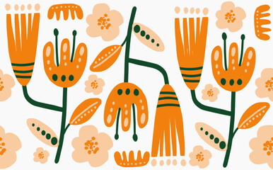 Trendy vector seamless repeating pattern with hand drawn orange flowers, dots and different shapes on white background