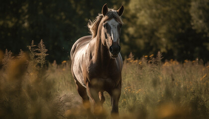 Canvas Print - Majestic stallion running free in golden meadow generated by AI