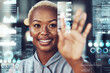 © C Coetzee/peopleimages.com - Touch screen, hologram and black woman with digital data analytics, statistics or info. Holographic, futuristic or happy business person with overlay of trading charts, ui or ux with hand interaction
