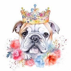 Wall Mural - Portrait of a cute bulldog with flowers. Watercolor illustration created using generative AI tools