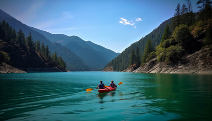 Wall Mural - Two men paddling canoe in tranquil mountain landscape generated by AI