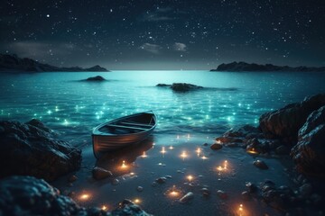 Wall Mural - boat on the sea with shiny stars at the night. generative ai.