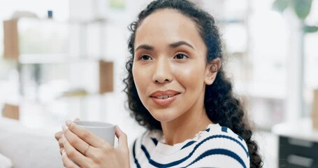 Sticker - Coffee, relax and woman thinking on the sofa for relaxation, peace and calm morning. Happy, ideas and a girl drinking a warm beverage or tea on the couch for a break, relaxing or comfort at home