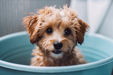 Cute dog in the bathtub, created with generative AI