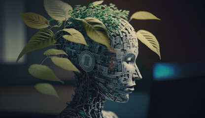 Wall Mural - digital human heads thinking of ecology, clean technology, green technology by generation AI.