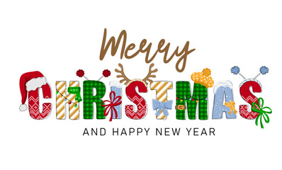 merry christmas and happy new year. hand drawn doodle text with santa hat, antler and garlands. chri