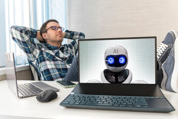 replacing a person with artificial intelligence. programmer is resting, the neural network is working. happy businessman sleep relaxed in office.