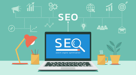 SEO search engine optimization with business strategy icons for social media content and advertisement from website showing on laptop computer screen, vector flat illustration