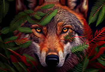 Beautiful abstract, Red Wolf on autumn leaves background. Generative AI technology.