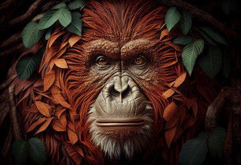 Wall Mural - Beautiful abstract, Orangutan on autumn leaves background. Generative AI technology.