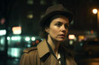 © alexkoral - woman detective in hat and coat on night street in rain. Generative AI