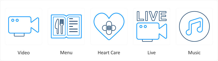 A set of 5 mix icons as video, menu, heart care