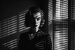 © alexkoral - black and white portrait of a woman in style of films in noir at window with light through blinds. Generative AI