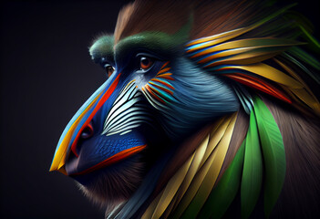 Wall Mural - Beautiful abstract, Mandrill on autumn leaves background. Generative AI technology.