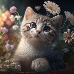  cute cat with flowers background