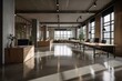 © Ella - Spacious, modern office with polished concrete floors, wood accents, linear composition, and strip lights. Keywords: coworking, architecture, open, desk, large space, realistic,. Generative AI