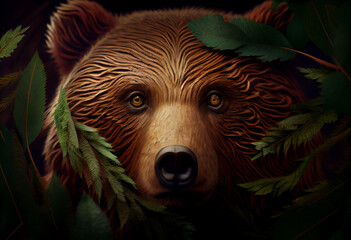Aufkleber - Beautiful abstract, Brown Bear on autumn leaves background. Generative AI technology.
