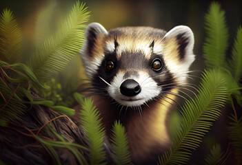 Wall Mural - Beautiful abstract, Black-footed Ferret on autumn leaves background. Generative AI technology.
