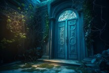 Enchanted Door In A Blue Garden. Generative AI