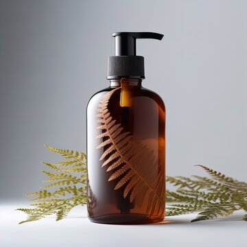 one of five brown bottles with leaves on it, in the style of post-internet aesthetics, salon kei, stock photo, light amber and green, polished concrete, organic, amber